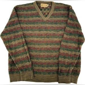 Vintage Multi Colored Basket Weave V Neck Pullover Sweater. Size XL. Made in USA
